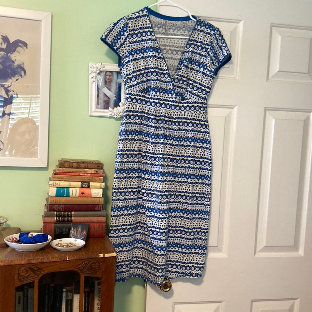 Boden blue and white floral dress empire waist cotton 4L